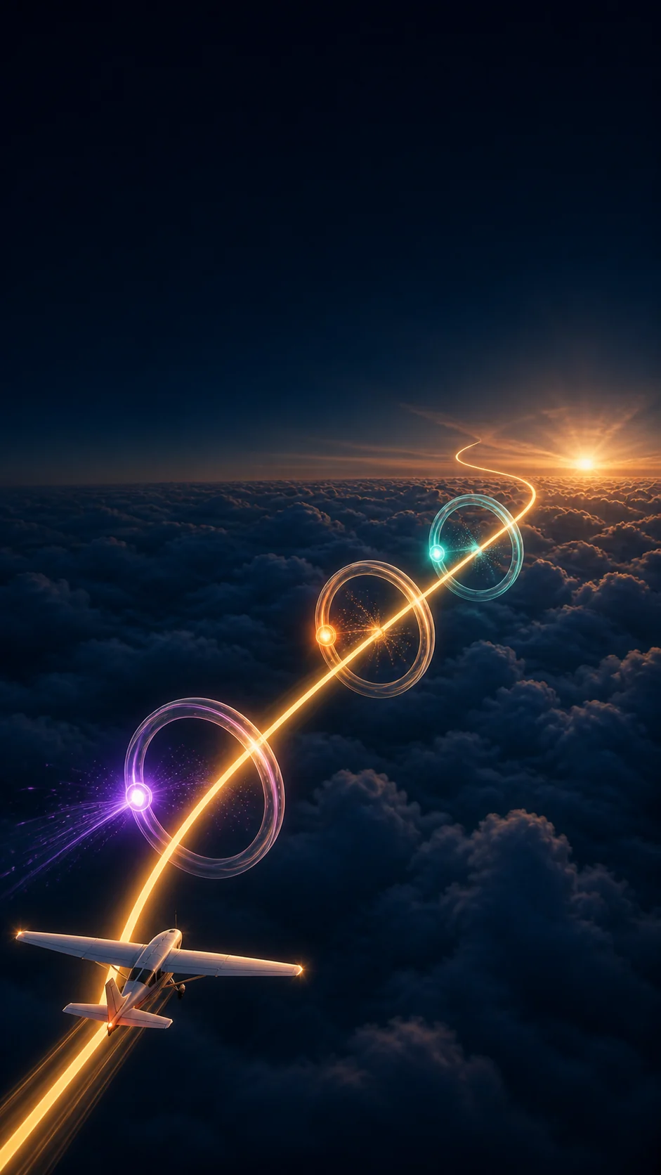 An aircraft following a golden route through violet, amber and mint verification gates toward sunrise