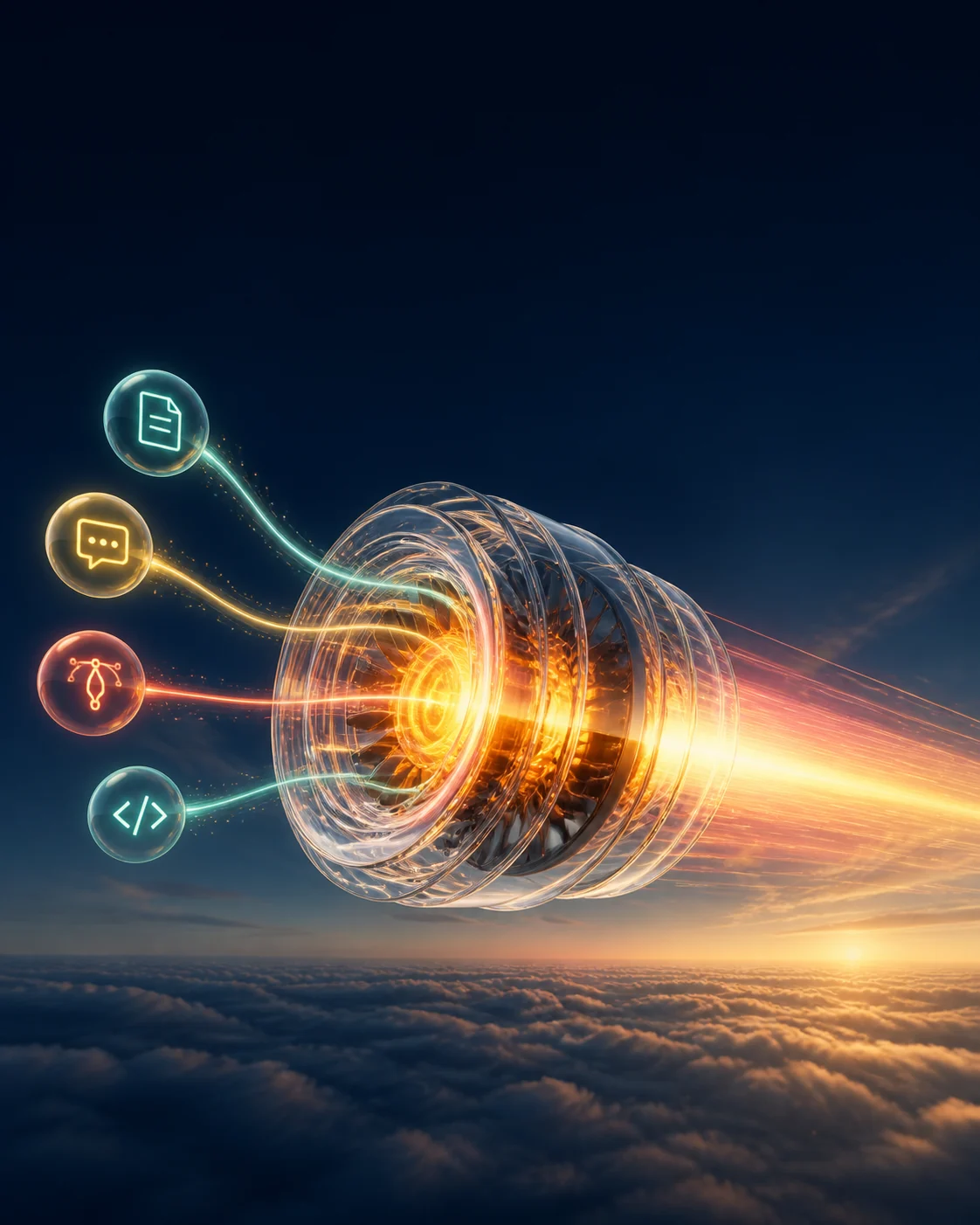 A transparent glowing engine combining document, conversation, design and code signals above the clouds