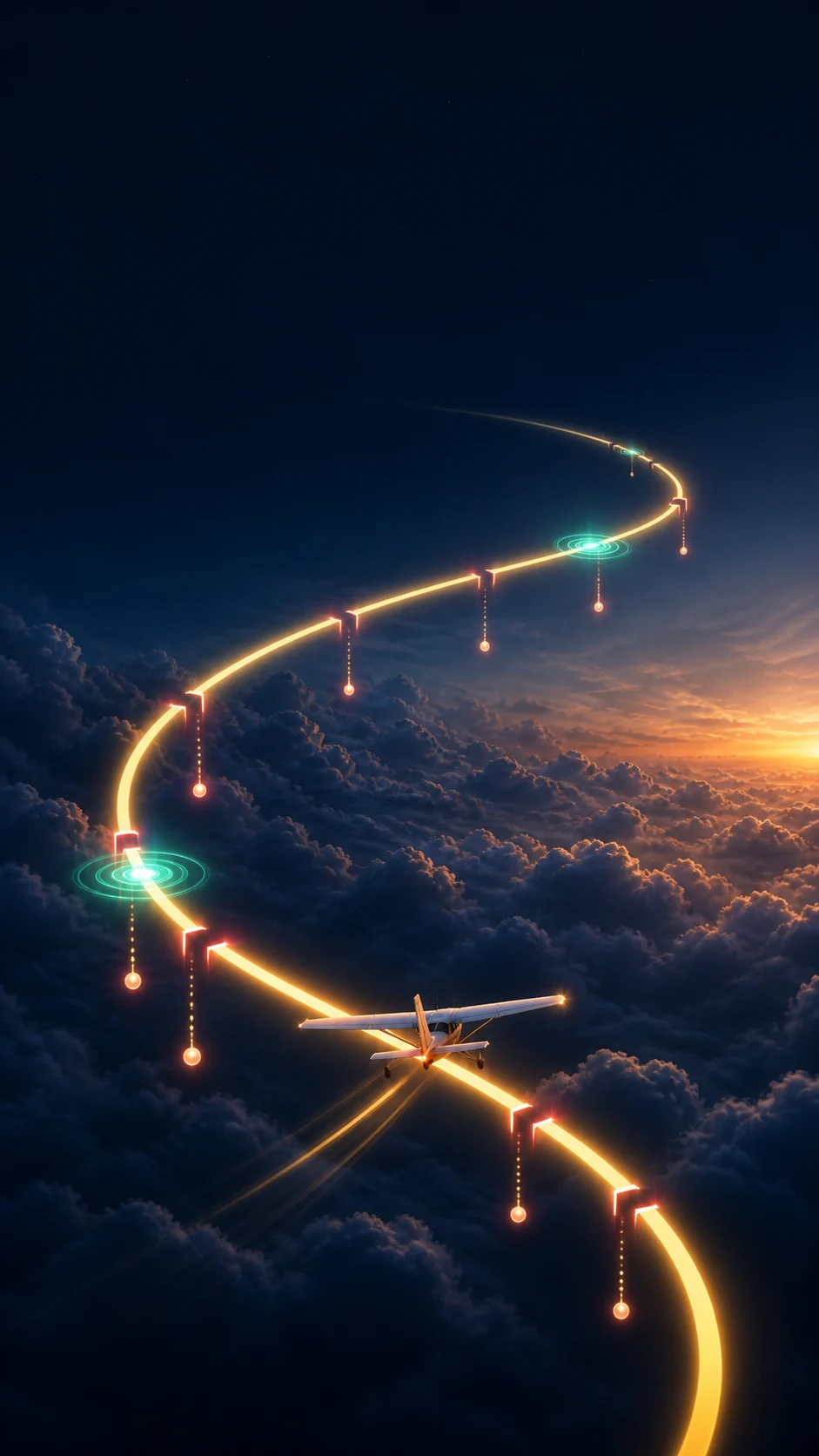 A small aircraft following a glowing route through a series of meaningful checkpoints above deep clouds