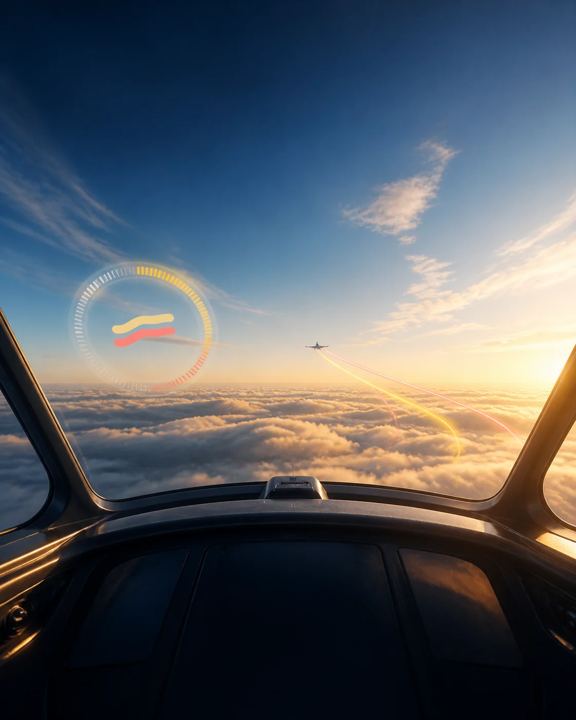 A calm cockpit view above sunlit clouds with a small aircraft leading the next route
