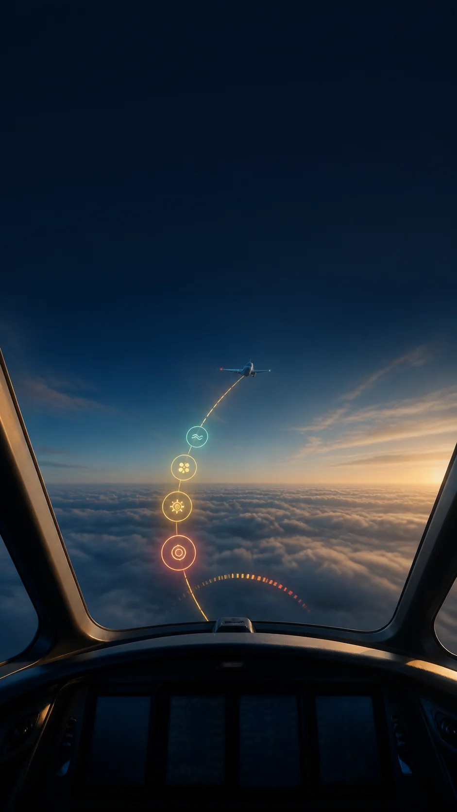 A cockpit view following one clear illuminated route toward another aircraft above the clouds