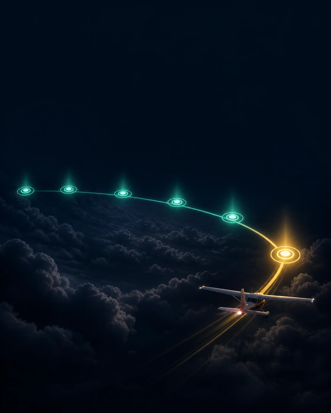 An aircraft approaching a sequence of glowing checkpoints along a route above the clouds