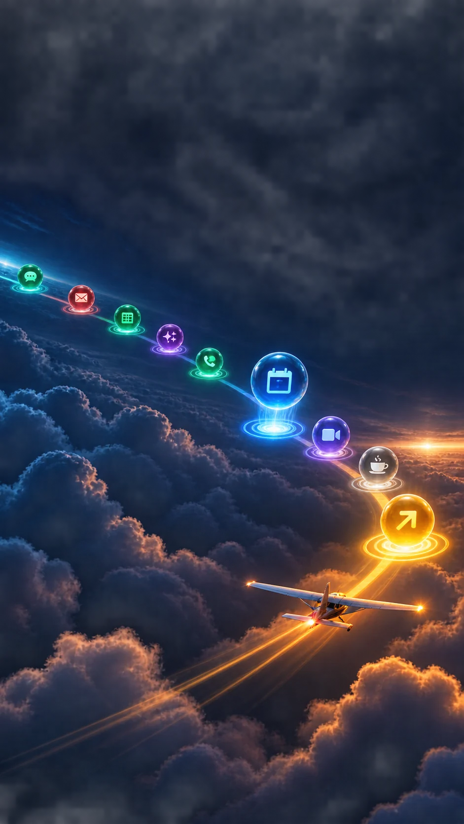 A small aircraft following a glowing route through communication, calendar, meeting and break waypoints above the clouds