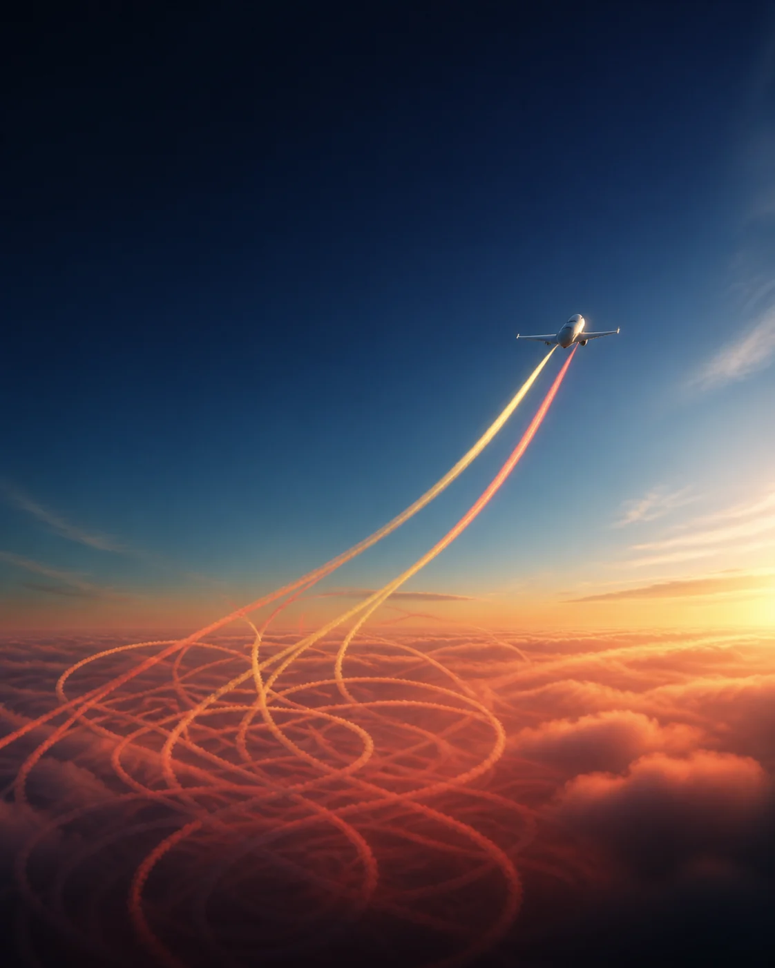 An aircraft climbing into clear open sky while tangled trails remain far below the clouds