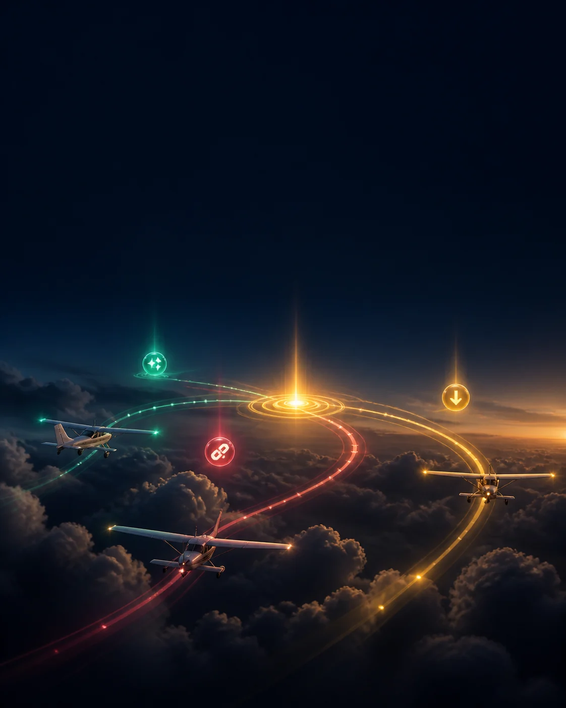 Three aircraft following separate illuminated routes that converge above the clouds