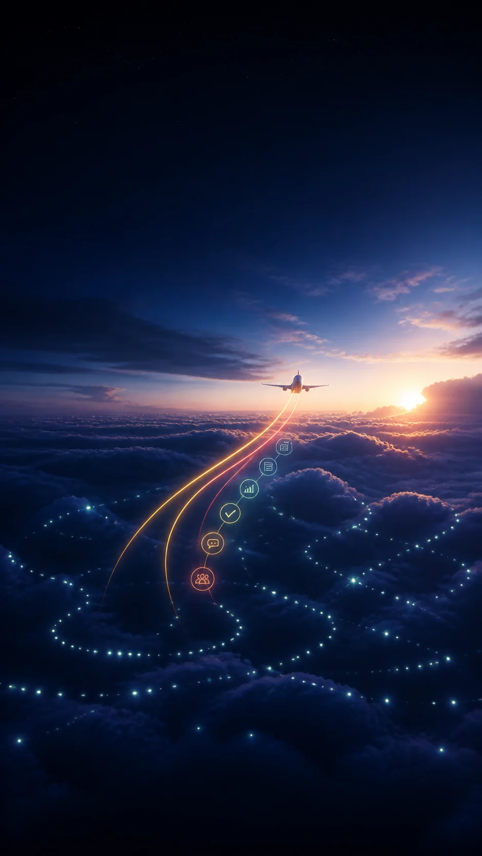 An aircraft rising above an illuminated network of team routes through the clouds